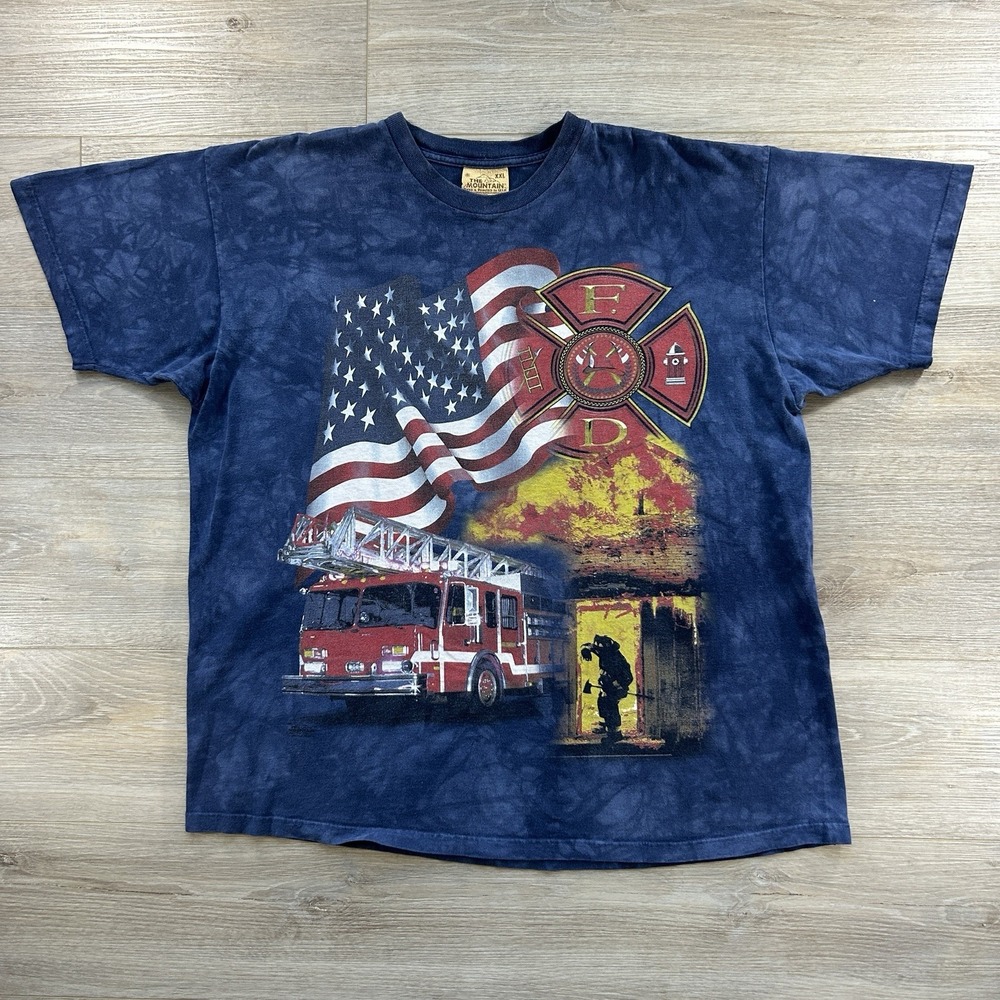 VTG 90s The Mountain XXL Fire Fighter Blue Tie Dye American Hero Tshirt